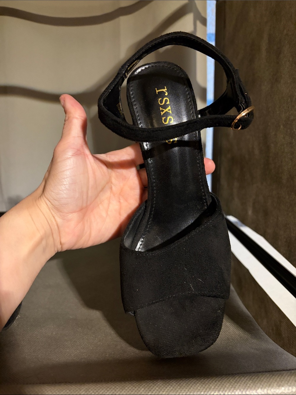Suede Black Platform Block Heel Sandals with Ankle Strap - Picture 2 of 11